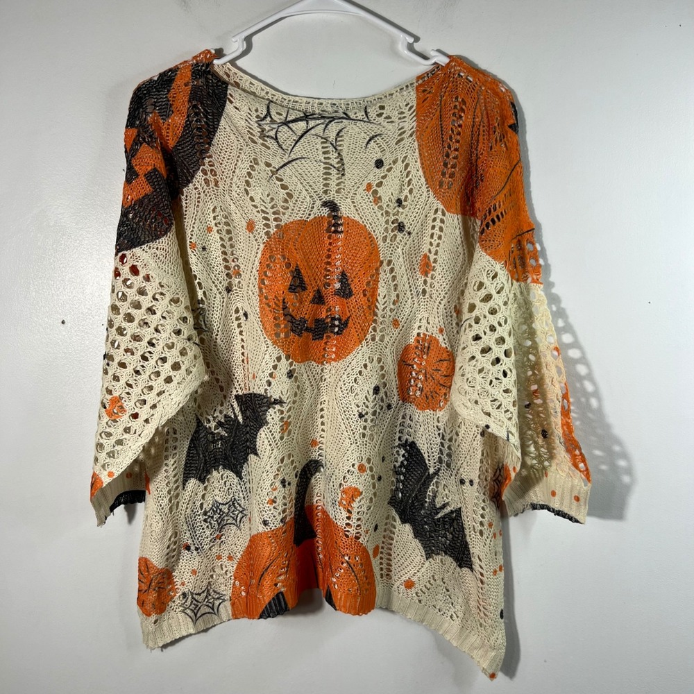 Knit Crochet Pumpkin Halloween Sweater Tan Orange Black S NWOT Polyester